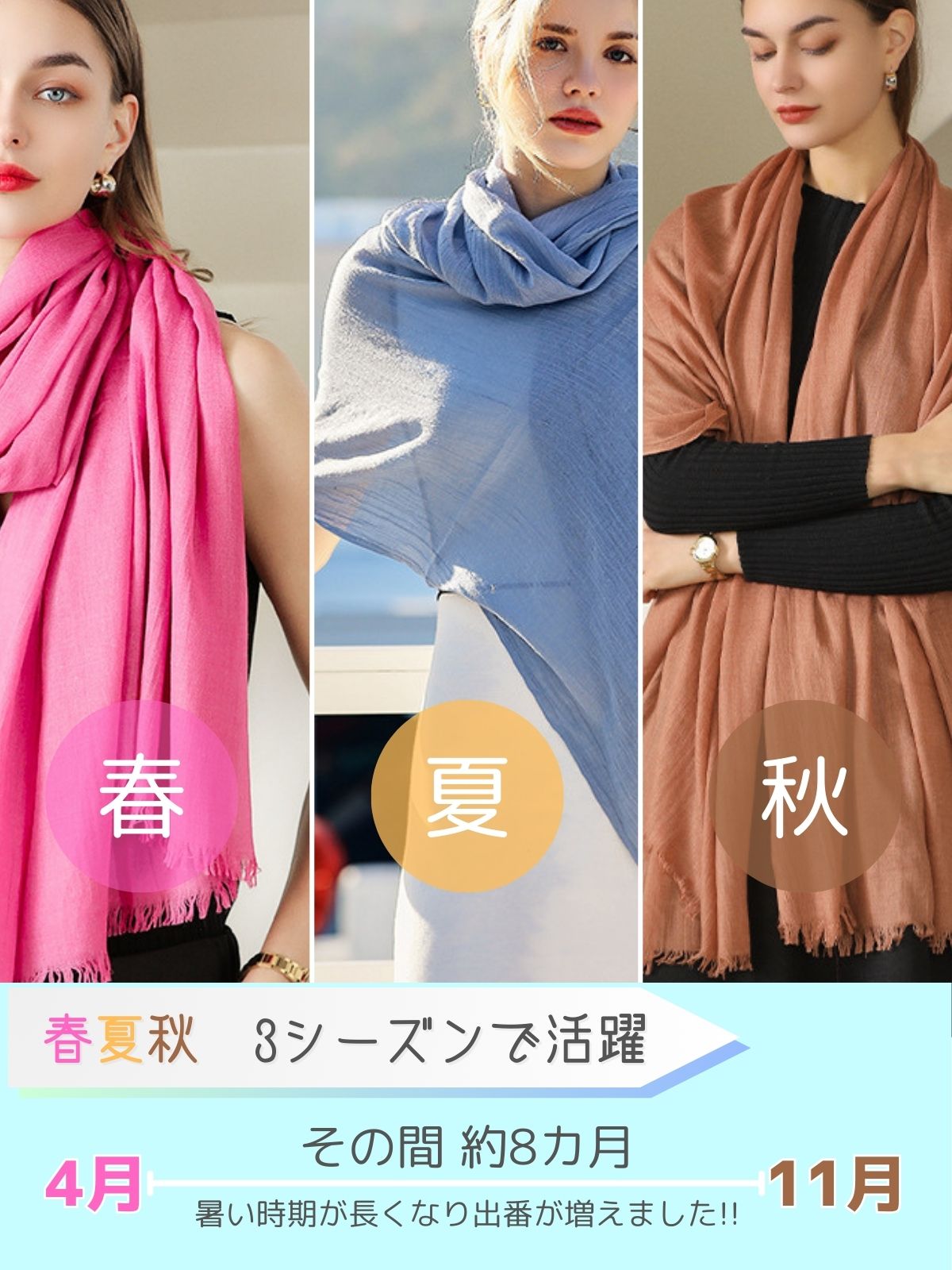 スカーフ 大判 極薄 ストール 夏 無地 H100cm×W195cm, ガーゼ マフラー ショール uvカット - ふわり【収納ポーチ付き】 - 画像 (4)