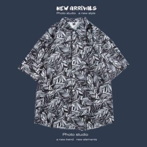 柄シャツ｜アロハシャツ｜リーフ柄（黒）｜1186-BK