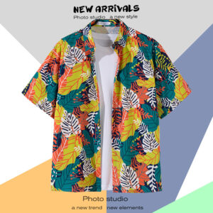 柄シャツ｜アロハシャツ｜リーフ柄｜2135-BK