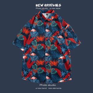 柄シャツ｜アロハシャツ｜フラミンゴ柄｜1190-NV