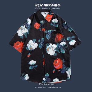 柄シャツ｜アロハシャツ｜バラ柄（黒）｜1188-BK